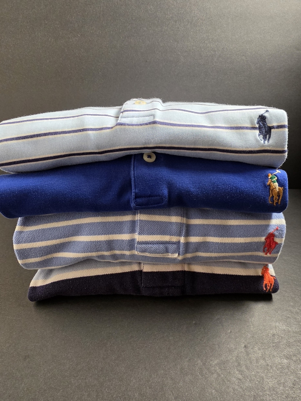 Bundle Of 4 Polo by Ralph Lauren Mens Blue Solid, Striped Cotton Polo Shirts